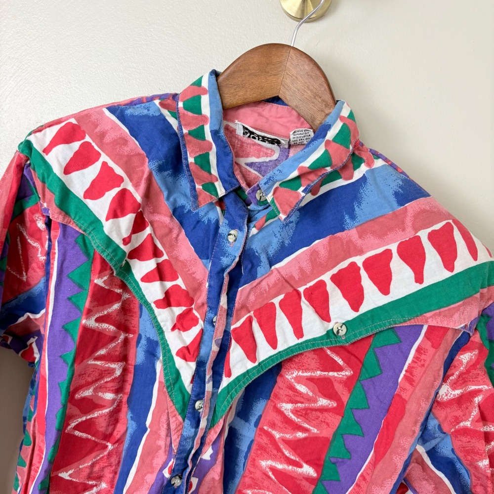 Adobe Rose Shirt Womens M 90s Rainbow Bright Western Cowgirl Button Up Vintage